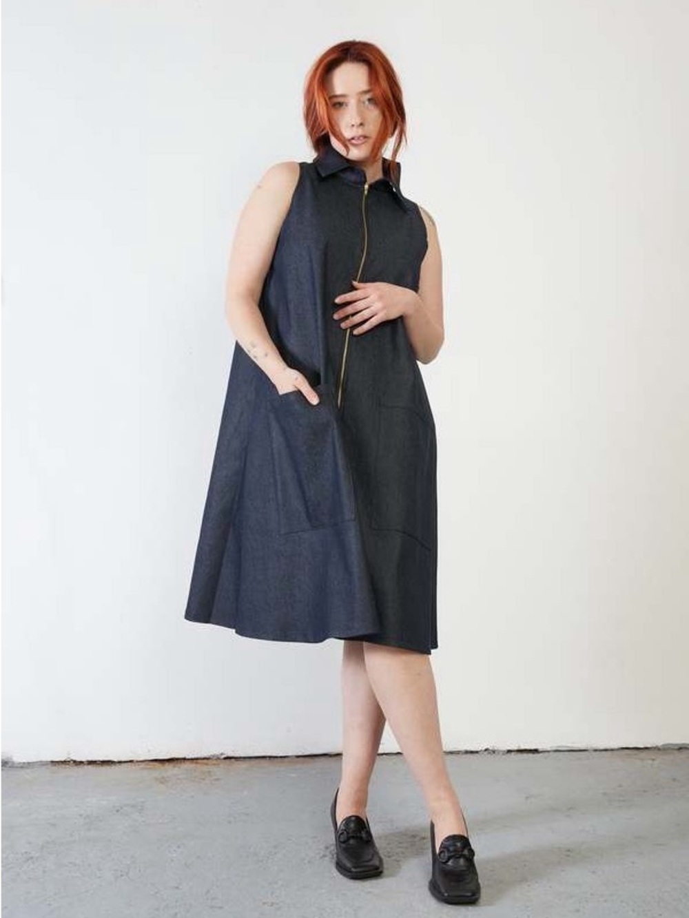 MEG Collared Denim Swing Dress Long Vest Sleeveless Zip Front 100% Cotton XL